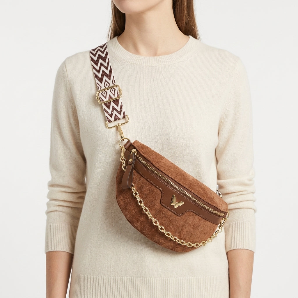 Nerka Damska Crossbody z Zamszu Ekologicznego z Regulowanym Paskiem