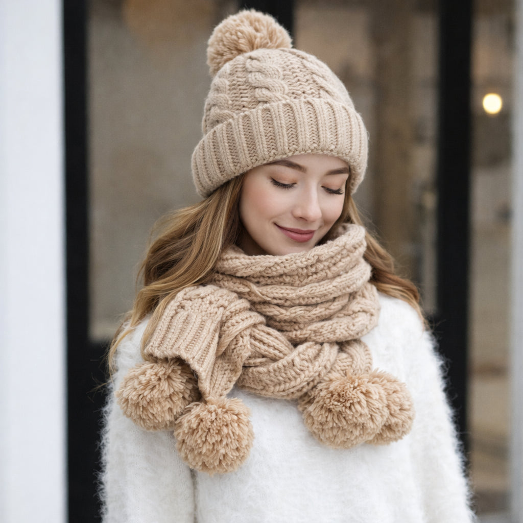 Zestaw Czapka i Szalik MILENA Zimowy 2w1 Beżowy – Ciepły i Miękki Damski
