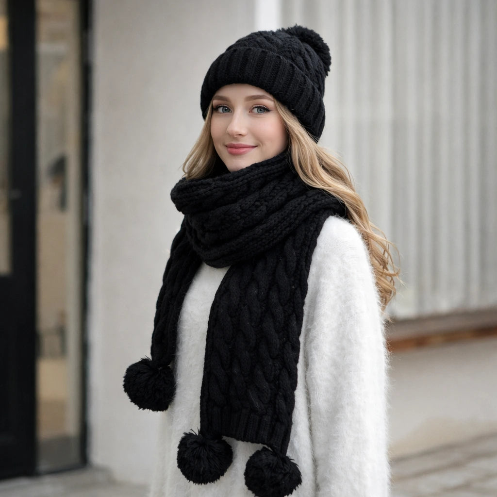 Zestaw LUNA Zimowy 2w1 Czapka i Szalik Czarny – Ciepły i Miękki Damski