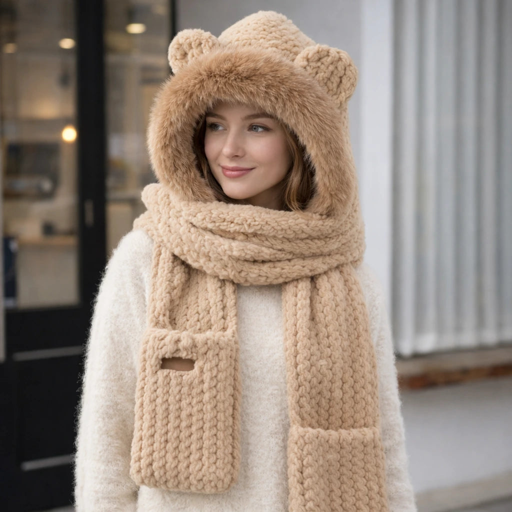 Szalik TEDDY Zimowy z Kapturem Beżowy – Ciepły i Miękki Damski